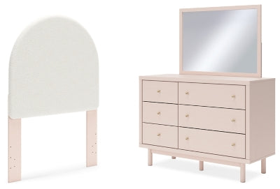 Wistenpine Twin Upholstered Panel Headboard, Dresser and Mirror