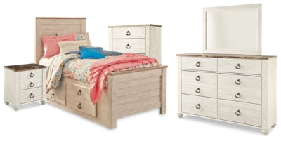 Willowton Twin Bed with Storage, Dresser, Mirror, Chest and Nightstand