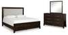 Neymorton Queen Upholstered Panel Bed, Dresser and Mirror