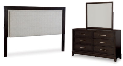 Neymorton King/California King Upholstered Panel Headboard, Dresser and Mirror